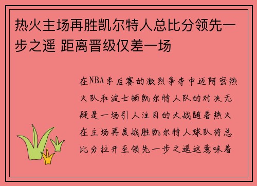 热火主场再胜凯尔特人总比分领先一步之遥 距离晋级仅差一场