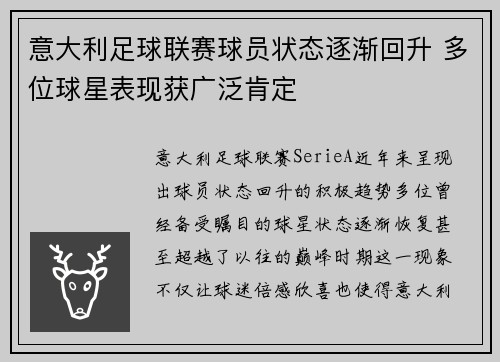 意大利足球联赛球员状态逐渐回升 多位球星表现获广泛肯定