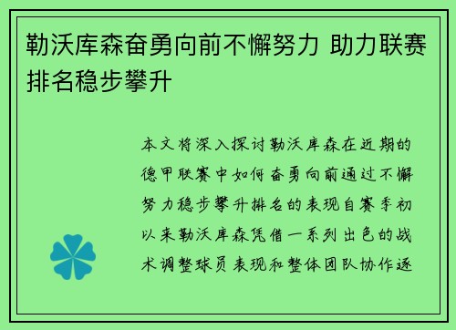 勒沃库森奋勇向前不懈努力 助力联赛排名稳步攀升
