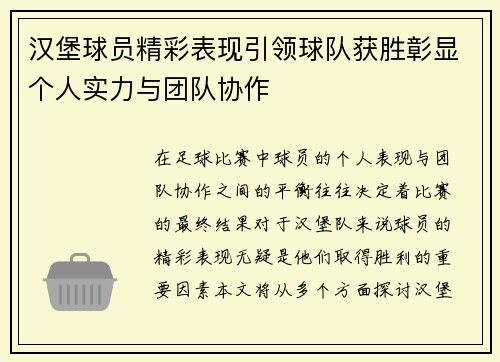 汉堡球员精彩表现引领球队获胜彰显个人实力与团队协作