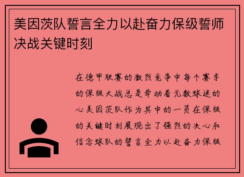 美因茨队誓言全力以赴奋力保级誓师决战关键时刻
