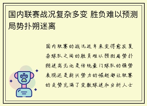国内联赛战况复杂多变 胜负难以预测局势扑朔迷离